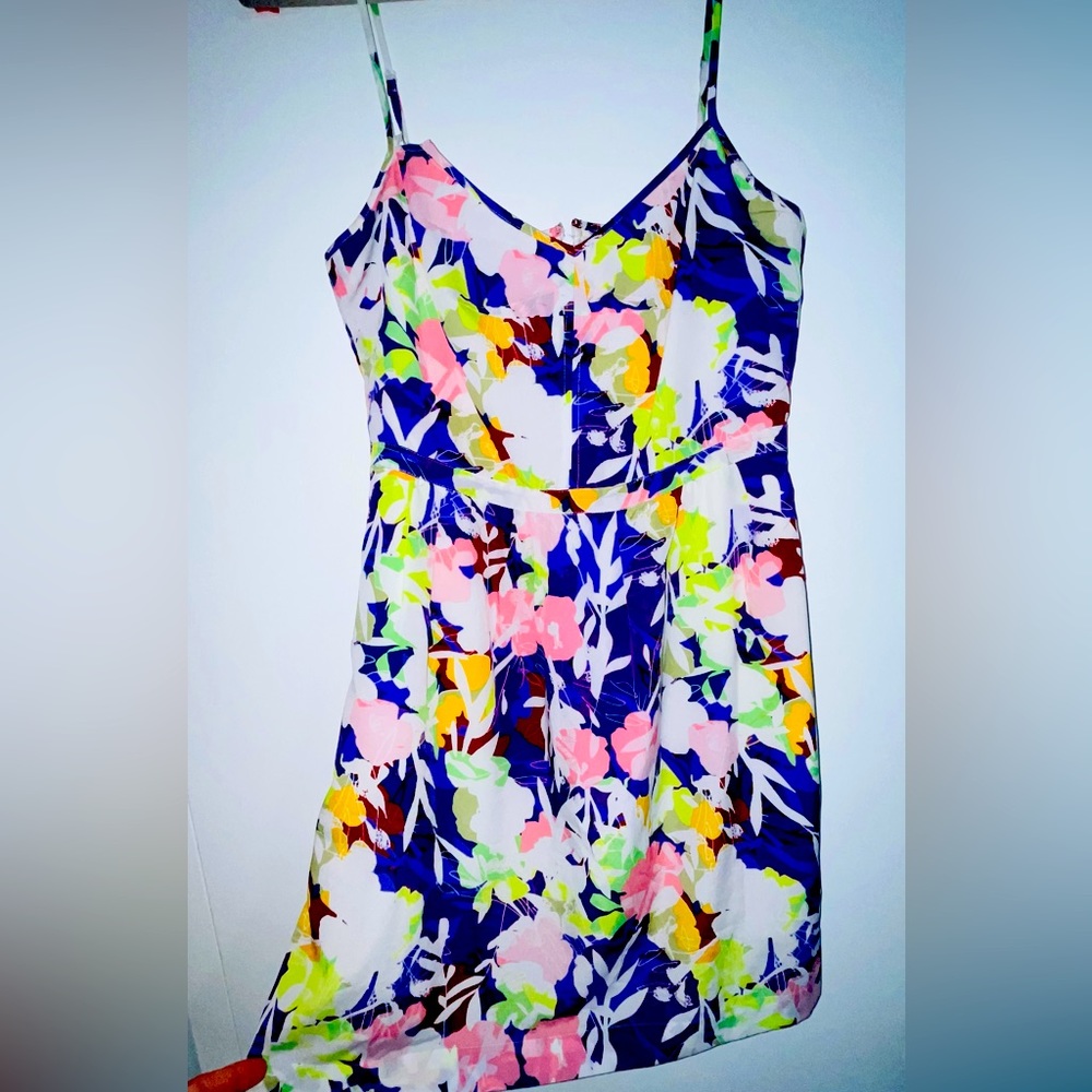 J. Crew beautiful multi color design, size 8 dress with side pockets. Like new.